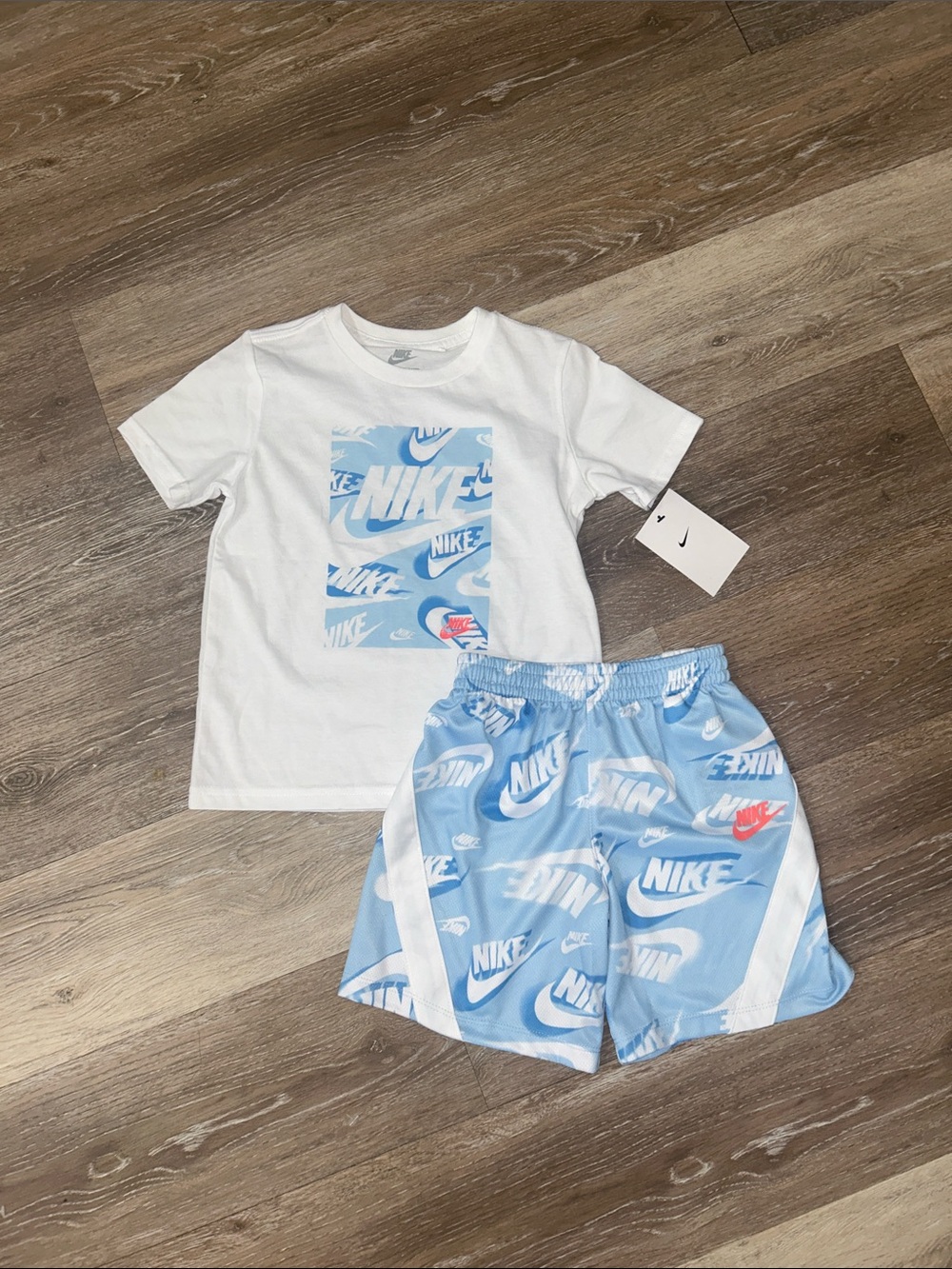NEW Nike White Tee with Light Blue Graphic & Light Blue Logo Shorts